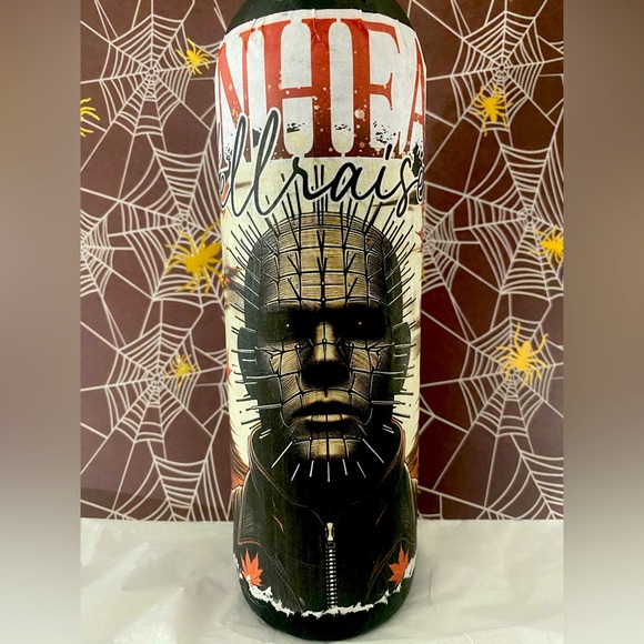 Upcycled Decoupage Pinhead Hellraiser Halloween Horror Decorated Wine Bottle - Picture 5 of 6